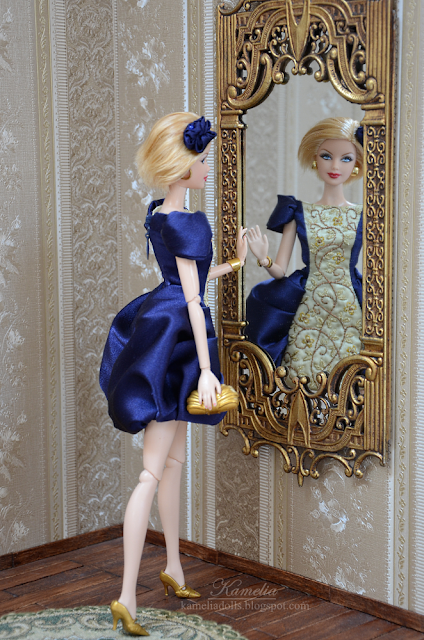 Blue and gold Barbie evening gown with embroidery