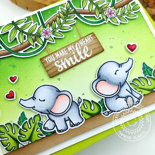 Sunny Studio Stamps: Baby Elephant Card by Marieke Slaats (featuring Tropical Scenes, Fabulous Flamingos, Snail Mail)