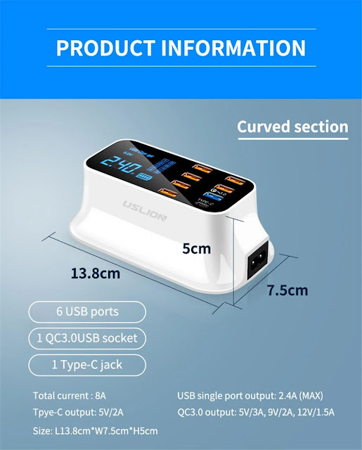 USLION 40W 8A QC3.0 LCD Display Voltage & Current Real-Time Monitoring 8-Port USB Charger Charging Dock for Tablet for Samsung S10 for iPhone 11 Pro Max 