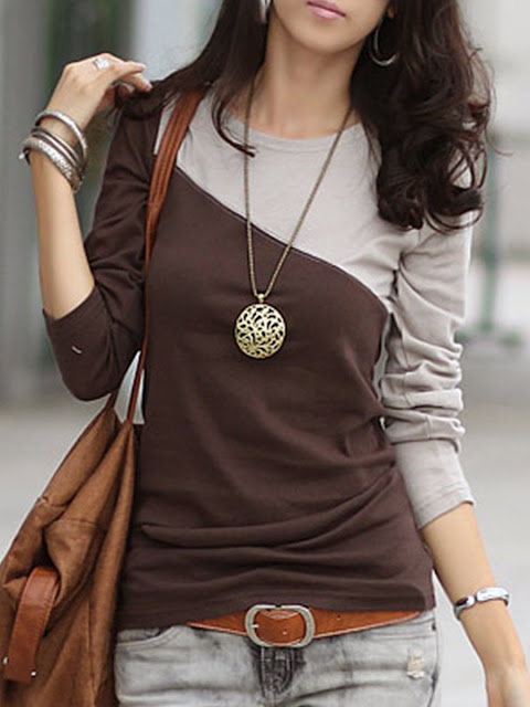 Autumn Spring Cotton Blend Women Round Neck Color Block LongSleeve Long Sleeve T-Shirts