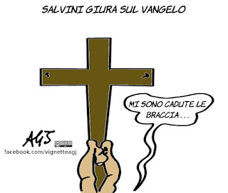 salvini, giuramento, premier, vangelo, politica, vignetta, satira