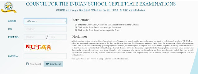 Screenshot of the CISCE website homepage showing options to check ICSE and ISC board exam results for 2024.