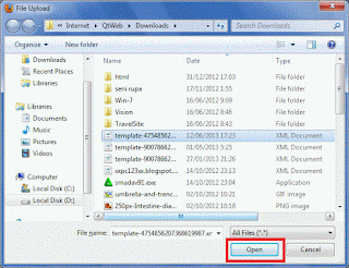 Langkah keempat: Pilih file template blog Anda (yang sudah Anda backup sebelumnya), lalu klik 'Open'. Terakhir, klik 'Unggah' Langkah keempat: Pilih file template blog Anda (yang sudah Anda backup sebelumnya), lalu klik 'Open'. Terakhir, klik 'Unggah' (Gambar tidak terlihat? Klik kanan tulisan ini, lalu pilih 'Reload Image')