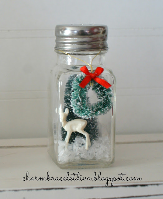 DIY vintage salt and pepper shaker snow globes mini reindeer bottle brush tree