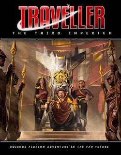 The cover of Traveller - The Third Imperium. The Emperor sits on the throne, flanked by his wife and daughter. An honour guard waits in front. All gold and opulence.