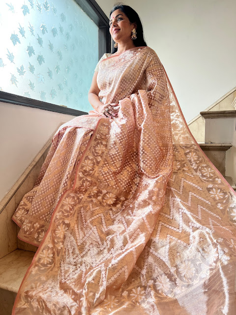 Rose gold tissue zari saree