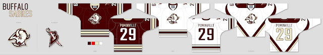 The 305cHL Buffalo Sabres' 3 Jersey Set. Burgundy, Red, Light Gold, White.