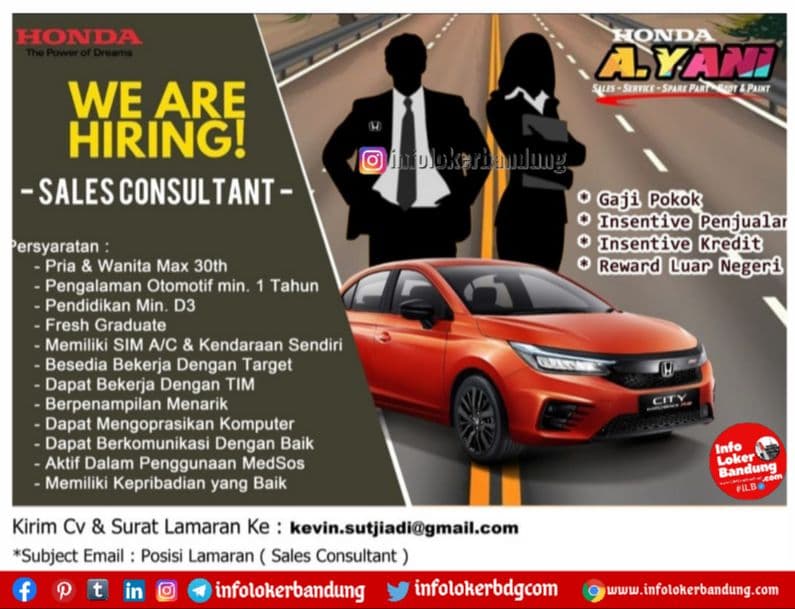 Lowongan Kerja Sales Consultant Honda Ahmad Yani Bandung Agustus 2021