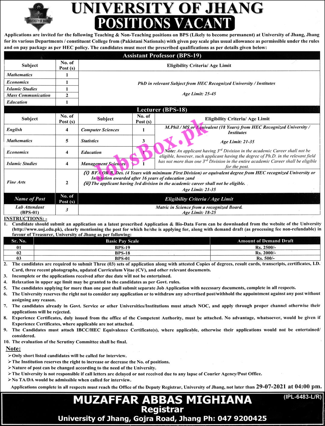 University of Jhang Jobs 2021 UOJ Advertisement – www.uoj.edu.pk