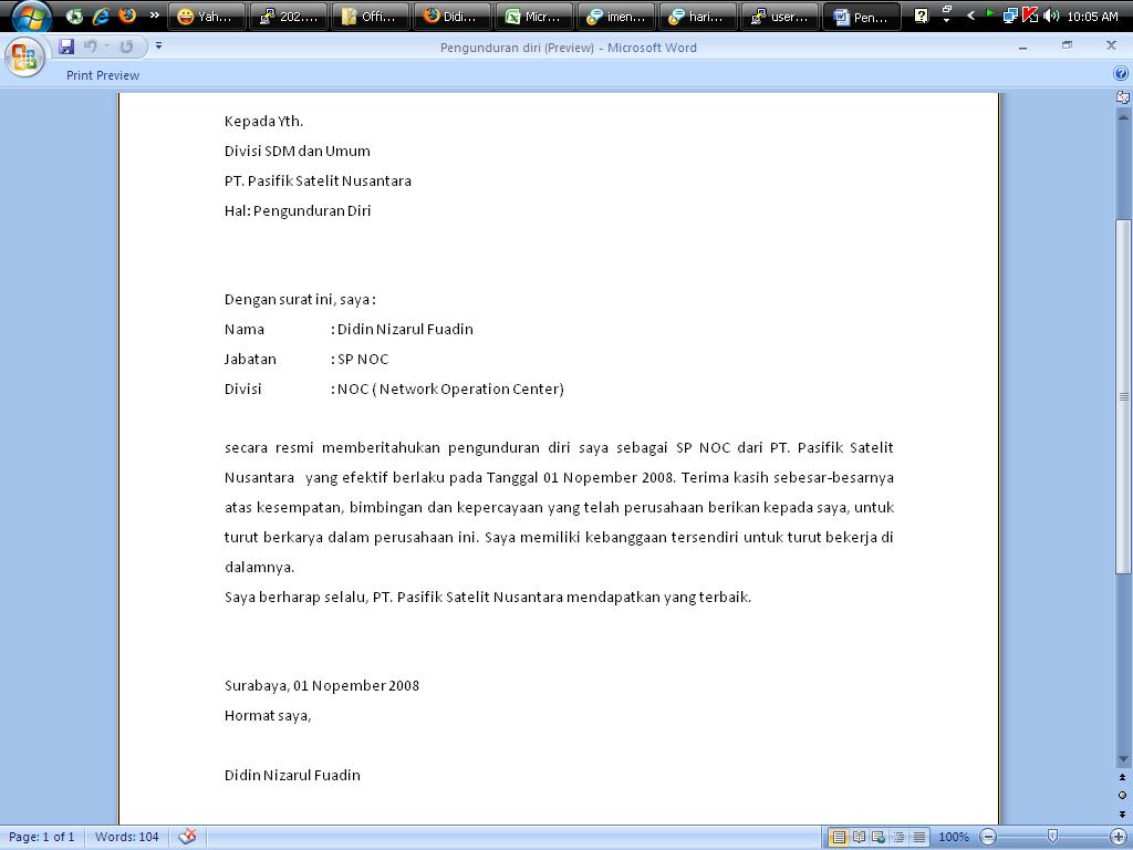 Contoh Surat Pengunduran Diri / Resign Letter