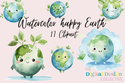 Watercolor Happy Earth Day Clipart
