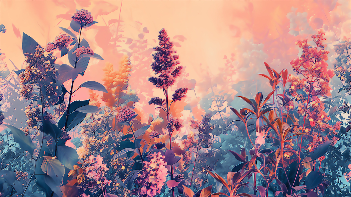  A dreamy garden scene with an array of flowers bathed in the soft hues of a pastel-colored sunset.