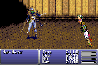 The party battles the Magic Master, a dangerous boss at the top of the Cultists' Tower in Final Fantasy VI.