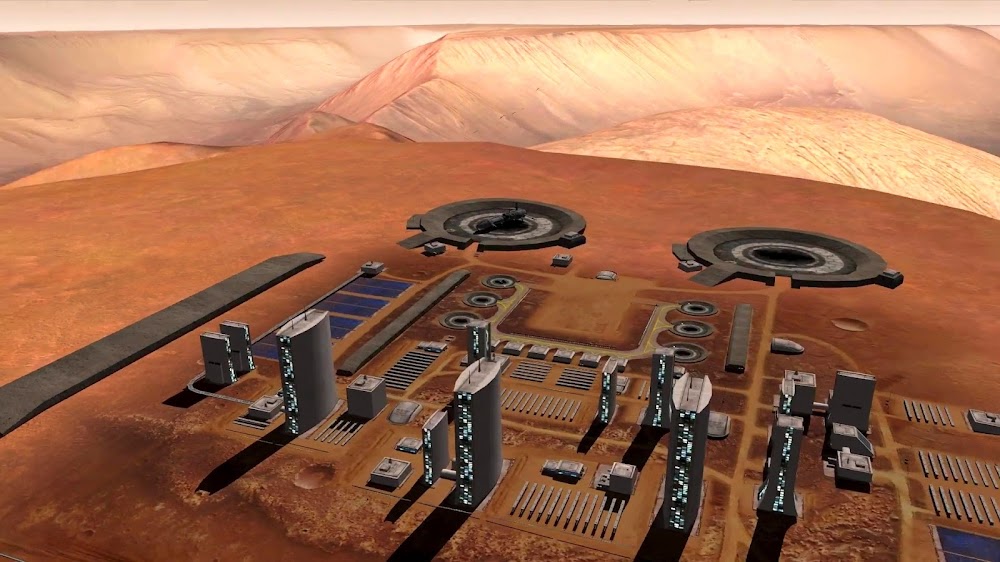 Brutalist Orcus Patera base architecture on Mars from Orbiter space flight simulator