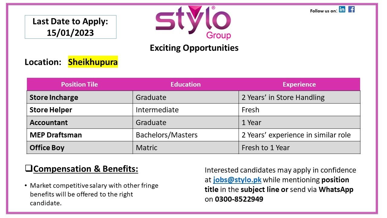 Stylo Pvt Ltd Jobs Announced For Sheikhupura