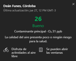 El gráfico en vivo que muestra la calidad de aire en la Ciudad de Deán Funes