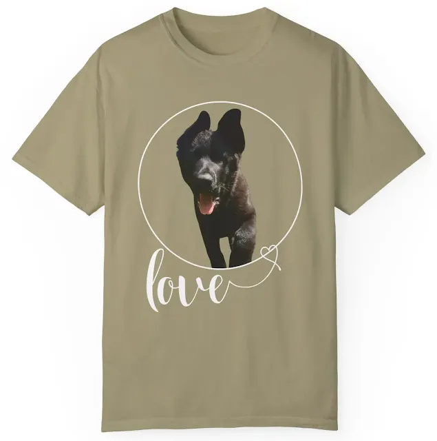 Garment Dyed T-Shirt for Men and Women With European Solid Black German Shepherd Walking On a Grass and Text Love