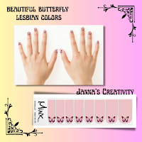 Butterfly in lesbian colors on a pale pink background nails on a pale person's hands and a strip of nail wraps.