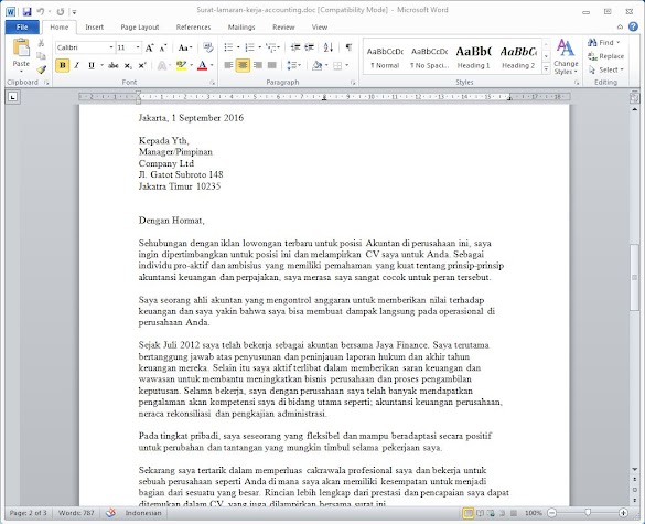 3 Referensi Surat Lamaran Kerja Bidang Akuntansi