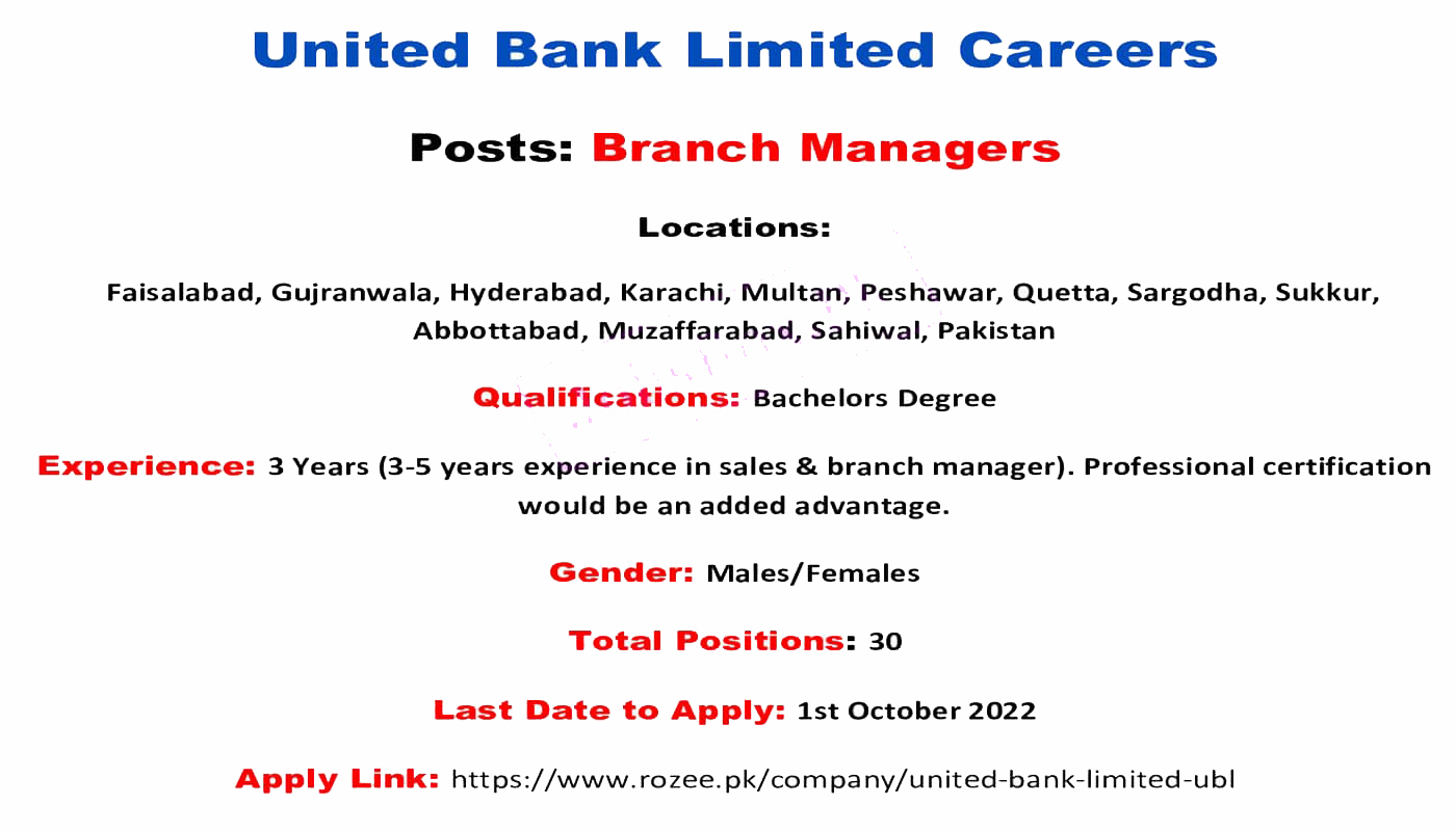 UBL Branch Manager Jobs 2022 – United Bank Limited UBL jobs 2022