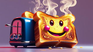 A slice of toast with a digital smiley face imprinted on it, steam rising, toaster in the background with expressive LED eyes.