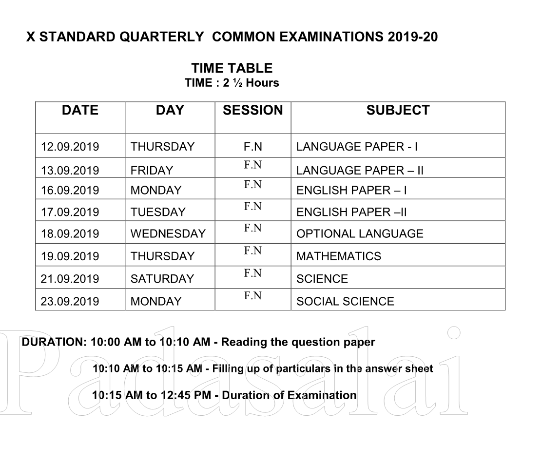 Quarterly Examination Time Table 2019 2020 Tamilnadu