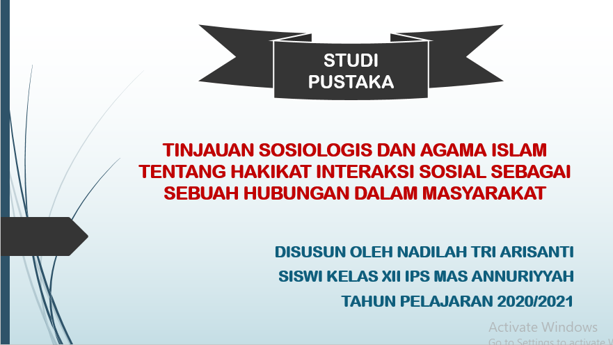 BAB III PEMBAHASAN 3.1 Hakikat Interaksi Sosial Sebagai Sebuah Hubungan dalam Masyarakat Menurut Kajian Sosiologis Dalam kehidupan bermasyarakat setiap manusia saling membutuhkan satu sama lain, hal inilah yang mendasari terjadinya interaksi atu kontak sosial ini selain itujuga pada hakikatnya manusia adalah makhluk sosial sehingga terdapat sebuah keinginan untuk berkomunikasi bergaul dengan orang lain.  Manusia tidak bisa bertahan hidup tanpa bekerja sama dengan orang lain, kerja sam selalu terjadi di semua lingkup kehidupan manusia baik di rumah, di sekolah  dan di masyarakat. Interaksi sosial tidak selalu bermakna positif, artinya ada yang berbentuk kerja sama yang dapat menguntungkan kedua belah pihak, tetapi adapula yang berbentuk perlawanan yang dapat merugikan satu atau kedua belah pihak sekaligus inetraksi sosial yang mengrah bentuk kerja sama, di sebut interksi asosiatif, sedangkan interaksi sosial yang mengarah ke bentuk  perlawanan di sebut interaksi disoiatif, kedua kutub itu memiliki variasi bentuk yang bermacam- macam . Berikut akan di bahas secara lebih mendalam mengenai bentuk bentuk interaksi sosial a.	Interaksi sosial disosiatif. Proses interaksi sosial disosiatif adalah proses interaksi sosial yang mengarah pada konflik tau dapat mensenggangkan solidaritas kelompok proses disosiatif di sebut juga proses oposisi, terdapat juga proses disosiatif, yaitu persaingan, kontroversi, dan konflik. 1.	Persaingan Persaingan merupakan  proses sosial yang melibatkan individu atau kelompok yang saling berlomba dan berbuat sesuatu untuk mencapai kemenangan tertentu. Persaingan terjadi apabila ada banyak pihak yng menginginkan hal yang sama sedangkan jumlahnya terbatas, persaingan bisa dikatakan sehat apabiladi lakukan dengan cara yang jujur dan sesuai dengan aturan main yang berlaku tanpa adanya paksaan atau kekerasan. Persaingan sehat bisa menimbulkan hal positif bagi pelakunya, misalnya motifasi, dan dorongan untuk menjadi lebih baik sebaliknya, persaingan dikatakan tidak sehat apabila di lakukan dengan anacaman kekerasan dan menimbulkan akibat buruk bagi semua pihak. 2.	Kontroversi  Kontroversi  merupakan proses sosial yang berbeda di antara persaingan dan pertentangan kontroversi di tandai dengan adanya sikap ketidak pastian, keraguan, penolakan, dan penyangkalan yang tidak di ungkapkan secara terbuka. Penyebab kontroversi yaitu adanya perbedaan pendidnian kalangan tertentu dengan kalangan laian di masyarakat,. Wujud kontroversi berupa siakap tidak senang, baiksecara tersembunyi, maupun terang terangan. 3.	Konflik  Purmusuhan (konflik) merupakan proses sosial yang terjadi ketika pihak yang satu berusaha menyingkirkan pihak lain dengan cara menghancurkan atau membuatnya tidak berdaya , permusuhan atau konflik di awali dengan adanya perbedaan atau persaingan yang serius hingga sulit didamaikan atau di temukan kesamaannya, konflik menjadi berbahaya jika meluas dan menimbulkan kekerasan sehingga merugikan banyak pihak. b.	Interaksi sosial asosiatif Proses  interaksi sosial asosiatif merupakan proses interaksi pranata sosial yang menuju terbentuknya persatuan atau intregasi sosial dan mendorong terbentuknya pranata, lembaga ataupun organisasi sosial . 1.	Kerja sama  Kerja sama adalah suatu usaha bersama yang di lakukan orang prorangan atau kelompok untuk mencapai tujuan bersama kerja sama sering di lakukan setiap manusia mengingat keududkan merka sebgai makhluk sosial.  2.	Asimilasi  Asimilasi adalah proses sosial yang timbul apabila ada kelompok masyarakat dengan latar belakang kebudayaan yang berbeda, saling bergaul secara interaktif dalam jangka waktu yang lama dengan demikian lambat laun tidak ada perbedaan antara individu dengan kelompok. Usaha usaha asimilasi meliputi mempererat kesatuan, tindakan,, sikap perasaan, dengan memperhatikan kepentingan dan tujuan bersama syarat sysrat terjadinya asimilasi anatara lain sebagai berikut. a)	Terdapat sejumlah kelompok yang memiliki kebudayaan yang berbeda. b)	Terjadi pergaulan anatara individu atau kelompok secara intensif dalam ukuran waktu yang lama. c)	Kebudayaan masing masing kelompok saling berubah dan menyesuaikan diri. 3.	Akulturasi  Akulturasi adalah proses sosial  yang timbul karena penerimaaan dan pengelolaan unsusr unsur kebudayaan asing tanpa menghilangkan unsusr unsur kebudayaan asli akulturasi merupakan perpaduan dua unsur kebudayaan  dalam jangka waktu yang lama . Dalam akulturasi unsur unur kebudayaan asing tersebut, melebur kedalam kebudayaan asli tetapi tidak menghilangkan kepribadian kedua unsur kebudayaan tersebut. Terkadang kita sulit membedakan anatara asimilasi dan akulturasi sebab fenomena akulturasi hampir sama sengan asimilasi, perbedaannya  adalah peleburan kebudayaan dua masyrakat di dalam akulturasi tidak menimbulkan hilangnya kpribadian asli kedua masyarakat itu unsur unsur tertentu juga yang melebur unsur itu menjadi bagian kebudayaaan yang menyerapnya, tanpa mengubah ciri ciri masyarakat bersangkutan. 4.	Akomodasi  Akomodasi adalah cara menyelesaikan pertentangan antara dua pihak tanpa penghancurkan salah satu pihak sehingga kepribadian masing masing pihak tetap terpelihara. Tujuan dilakukakannya akomodasi sebagai berikut : a)	Mengurangi pertentangan akibat perbedaan paham  b)	Mencegah munculnya pertentangan untuk sementara waktu  c)	Mewujudkan kerja sama anatara kompleks kelompok yang hidup terpisah  Selain itu dalam tinjauan sosiologi terdapat aturan terkait dengan interaksi sosial, yaitu sebagai berikut: a)	Aturan mengenai waktu Waktu adalah hal yang tidak terlihat, tetapi sangat berharga bagi seorang pelajar atau seorang pekerja waktu sangat menentukan dalam sebuah penerapan, namun, setiap individu mempunyai sudut panadang yang berbeda terhadap waktu bagi mereka yang menghargai waktu, cenderung akan tumbuh menjadi pribadi yang displin dapat memaksimalkan waktu dengan baik setiap aktivitas ia kerjakan dengan cepat dan teliti dan cermat sebaliknya bagi mereka yang kurang menghargai waktu, tidak dapat memanfaatkan waktu semaksima, mereka terbiasa menunda pekerjaan hingga muncul istilah jam karet. Sebagai contoh di inggris keterlambatan seseorang pembicara dalam forum akan di anggap menghina majelis seminar dan di anggap sebagai perbuatan tidak bertanggung jawab shingga hal tersebut menimbulkan sanksi sosial bagi orang yang terlambat tersebut, berbeda dengan Indonesia keterlambatan pembicara pada sebuah acara seminar atau diskusi sudah lazim terjadi dan masyarakat tidak begitu mempermasalahkan hal tersebut. b)	Atauran mengenai gerak tubuh  Untuk berinteraksi dengan orang lain kita kadang menggunakan bahasa non verbal misalnya menggunakan gerak tubuh. K ajian terhadap gerak tubuh di sebut dengan istilah kinisika, sebgai contoh mengangguk sebagai tanda ya atau setuju menggelengkan kepala sebagai tanda tidak atau tidak setuju gerakan tubuh yang di gerakan untuk komunikasi bisa bervariasi ada gerakan kepala, kedipan mata, mengangkat bahu dan sebagainya namun tidak semua masyarakat mempunyai penafsiran yang sama terhadap gerakan tubuh, oleh karena itu penggunaan bahasa non verbal hanya efektif bagi masyarakat yang mempunyai penafsiran yang sama terhadap gerakan tubuh sebagai isyarata apabila hal ini di terapkan pada semua kelompok masyarakat, dapat menimbulkan salah paham yang artinya dapat berujung konflik. c)	Aturan mengenai ruang  Atauran menganai ruang bersumber pada teori yang di sampaikan oleh Edward.T, hall pada tahun 1986 mengenai konsep jarak sosial menurut teori tersebut di keteahui bahwa dalam sebuah interaksi sosial terdapat empat macam jarak yaitu sebagai berikut:  1)	Jarak Intim, sebuah interaksi sosial di kategorikan sebagai jarak intim, apabila interaksi berlangsung pada jarak 0-45 cm. Orang yang berada jarak intim memiliki kecenderungan untuk berusaha  menghindari kontak tubuh serta pandangan mata dengan orang di sekitarnya, contohnya: saat seseorang berdesakan dalam antrean karcis atau seseorang berdesakan dalam kendaraan umum. 2)	Jarak pribadi, sebuah interaksi sosial di kategorikan sebagai jarak pribadi apabila berlangsung pada jarak 45 cm-1,22 m. Interaksi denganjarak ini pada umumnya berlangsung pada orang orang dekat atau keluarga, seperti anatara anak dan ibunya. 3)	Jarak sosial, sebuah interaksi sosial di kategorikan sebgai jarak sosial apabila inetraksi berlangsung pada jarak 1,22m-3,66m interaksi dengan jarak ini terjalin pembinaan yang wajar tanapa terjadi sentuhan fisik contohnya interaksi anatara guru dan siswa dalam kegiatan belajar mengajar atau interaksi anatara penjual dan pembeli di pasar. 4)	Jarak public, sebuah interaksi sosial di kategorikan sebagai jarak public apabila interaksi berlangsung pada jarak di atas 5,66 m contoh interaksi ini ini adalah asasi atau kampanya yang di lakukan oleh seorang politisi di depan audien oleh karena itu jarak yang relative jauh, pada saat berlangsungnyaa interaksi ini perlu di perhatikan interaksi susra danjuga pemilihan kalimat yang tepat agar pesan yang di samapaikan dalam interaksi sosial dapat tersampaikan dengan baik. 3.2	 Hakikat Interaksi Sosial Sebagai Sebuah Hubungan dalam Masyarakat Menurut Kajian Agama Islam Interaksi sosial dalam tijauan agama islam pada dasarnya telah di atur dalam Al-qur’an dan Hadist, hal ini terbukti dengan banyaknya ayat ayat Al-qur’an dan Hadist Nabi Muhammad SAW, yang mengatur tentang pergaualan yang di lakukan tersebut, bahkan bertujuan untuk sesuatau yang maksiat seperti islam. Dalam islam di perbolehkan interaksi dengan cara islami sesuai syariat yang telah di atur dalam al qur’an dan hadist, interaksi hendaknya sesuatu yang membawa kepada kebaikan dan saling mengingatkan agar tidak terjerumus pada kemungkaran. Hal ini sesuai dengan firman ALLAH dalam Q.S Ali Imran ayat 104. ولْتَكُنْ مِّنْكُمْ اُمَّةٌ يَّدْعُوْنَ اِلَى الْخَيْرِ وَيَأْمُرُوْنَ بِالْمَعْرُوْفِ وَيَنْهَوْنَ عَنِ الْمُنْكَرِ ۗ وَاُولٰۤىِٕكَ هُمُ الْمُفْلِحُوْنَ “Dan hendaklah di antara kamu ada segolongan orang yang menyeru kepada kebajikan, menyuruh (berbuat) yang makruf, dan mencegah dari yang mungkar. Dan mereka itulah orang-orang yang beruntung”. Di samping itu interaksi dalam agama islam menganjurkan untuk seantiasa bergaul dengan orang orang yang sholih sehingga kita nantinya dapat menjadi teladan yang baik, dapatmengambil ilmu darinya serta dapat mencegah kita dari oergaulan yang tidak sehat ( tidak sesuai dengan syariat islam) sehingga pergaulan tersebut berdampak potif dan menjadi sarana kita untuk memperbaiki diri. Hal tersebut sebgai firman Allah SWT. Q.S At-Taubah ayat 119:  يٰٓاَيُّهَا الَّذِيْنَ اٰمَنُوا اتَّقُوا اللّٰهَ وَكُوْنُوْا مَعَ الصّٰدِقِيْنَ “Wahai orang-orang yang beriman! Bertakwalah kepada Allah, dan bersamalah kamu dengan orang-orang yang benar”. Untuk menjalin persaudaraan dengan bersilaturahmi dan menjaga kedamaian dengan sesama silahturami yang di lakukan dengan niat ibadah dan saling tolong menolong dalam kebaikan. Tujuan pergaulan Islam untuk silahturahmi sesuai dengan Q.S  An-Nissa’ayat 1. يٰٓاَيُّهَا النَّاسُ اتَّقُوْا رَبَّكُمُ الَّذِيْ خَلَقَكُمْ مِّنْ نَّفْسٍ وَّاحِدَةٍ وَّخَلَقَ مِنْهَا زَوْجَهَا وَبَثَّ مِنْهُمَا رِجَالًا كَثِيْرًا وَّنِسَاۤءً ۚ وَاتَّقُوا اللّٰهَ الَّذِيْ تَسَاۤءَلُوْنَ بِهٖ وَالْاَرْحَامَ ۗ اِنَّ اللّٰهَ كَانَ عَلَيْكُمْ رَقِيْبًا “Wahai manusia! Bertakwalah kepada Tuhanmu yang telah menciptakan kamu dari diri yang satu (Adam), dan (Allah) menciptakan pasangannya (Hawa) dari (diri)-nya; dan dari keduanya Allah memperkembangbiakkan laki-laki dan perempuan yang banyak. Bertakwalah kepada Allah yang dengan nama-Nya kamu saling meminta, dan (peliharalah) hubungan kekeluargaan. Sesungguhnya Allah selalu menjaga dan mengawasimu”. Pergaulan manusia di dalam lingkup kehidupannya dalam sebuah pergaulan seorang muslim haruslah menanamkan akhlak terpuji dalam kehidupan sehari-hari, yang mana di klarifikasikan ke dalam beberapa lingkup pergaulan antara lain sebagai berikut. a.	Bergaul dengan orang tua, yaitu dengan berkata sospan santun, lemah lembut jika hendak pergi meminta ijin dan mengucapkan salm senantiasa senantiasa patuh terhadap perintahnya selalu membantu serta mendo’akan orang tua firman Allah SWT.  Q.S An-Nissa’, 4:36, yang artinya: “Dan sembahlah Allah dan janganlah kamu mempersekutukan-Nya dengan sesuatu apa pun. Dan berbuat-baiklah kepada kedua orang tua”,  b.	Bergaul dengan guru, yaitu dengan selalu mentaati perintahnya, berkata sopan ketika mengikuti pelajarnnya ikhlas penuh kesabaran dalam mengikuti pelajarannya, serta mendo’akan guru dalam hadis disebutkan. (H.R. Abu Hasan Al Mawaidi.) c.	Bergaul dengan lawan jenis, islam telah memberi rambu rambu (batasan) yang harus di perhatikan anatara laki laki dengan perempuan anatara lain wanita harus menutup aurat yang tepat, masing masing hendaknya, menjaga diri jangan sampai terjerumus dalam pergaulan bebas(zina) kewajiban laki laki menghormati wanita serta menjaga diri dari minuman minuman keras obat obatan yang berbabahayadan terlarang.  d.	Pergaualan dengan teman sebaya, yaitu dengan cara menghargai, tidak suka menghina sesama, saling menasihati, mendahulukan kepentingan bersama dari pada diri sendiri serta bertutur kata yang lembut. 3.3	Perbedaan Hakikat Interaksi Sosial Sebagai Sebuah Hubungan dalam Masyarakat Menurut Kajian Sosiologis Dan Agama Islam. Pada pembahasan ini akan dikaji tentang hakikat interaksi sosial sebagai sebuah hubungan dalam masyarakat, di tinjau dari segi sosiologi dan agama setelah kita mengkaji keduanya dalam pembahsan sebelumnya. Hakikat interaksi sosial sebagai sebuah hubungan dalam masyarakat di tinjau dari sosiologis dapat di bedakan menjadi 2 yaitu interaksi sosial positif, dan negative. Berikut ini macam - macam interaksi sosial positif yakni; 1.	Kerja sama Kerja sama adalah suatu usaha yang di lakukan orang perorangan atau kelompok untuk mencapai tujuan bersama, kerja sam sering di lakukan setiap manusia mengingat kehidupan mereka sebagai makhluk sosial kerja sama terjadi mulai dari lingkungan terdekat kita yaitu keluarga, sebagai contoh sederhana ketika anda hendak makan anda menunggu ibu memasak saat hendak memasak ibu membutuhkan sayur yang di jual oleh pedagang keliling atau pedagang di pasar. Tidak ada kegiatan kita yang dapat tercapai tanpa adanya kerja sama, kerja sam dapat berlangsung ketika individu yang bersangkutan memiliki kepentingan yang sama dan memiliki kesadaran untuk bekerja sama, dalam mencpai kepentingan mereke. 2.	Asimimilasi  Asimilasi adalah proses sosial yang timbul apabila ada kelompok masyarakat dengan latar belakang kebudayaan yang berbeda, saling bergaul secara interaktif dalam jangka waktu yang lama dengan demikian lambat laun tidak ada perbedaan antara individu dengan kelompok. Usaha usaha asimilasi meliputi mempererat kesatuan, tindakan,, sikap perasaan, dengan memperhatikan kepentingan dan tujuan bersama. 3.	Akulturasi  Akulturasi adalah proses sosial yang timbul karena penerimaaan dan pengelolaan unsusr unsur kebudayaan asing tanpa menghilangkan unsusr unsur kebudayaan asli akulturasi merupakan perpaduan dua unsur kebudayaan  dalam jangka waktu yang lama . Dalam akulturasi unsur unur kebudayaan asing tersebut, melebur kedalam kebudayaan asli tetapi tidak menghilangkan kepribadian kedua unsur kebudayaan tersebut. hilangnya kpribadian asli kedua masyarakat itu unsur unsur tertentu juga yang melebur unsur itu menjadi bagian kebudayaaan yang menyerapnya, tanpa mengubah ciri ciri masyarakat bersangkutan. 4.	Akomodasi  Akomodasi adalah cara menyelesaikan pertentangan antara dua pihak tanpa penghancurkan salah satu pihak sehingga kepribadian masing masing pihak tetap terpelihara. Berikut ini macam -  macam interaksi sosial negatif yakni: 1.	Persaingan  Persaingan merupakan  proses sosial yang melibatkan individu atau kelompok yang saling berlomba dan berbuat sesuatu untuk mencapai kemenangan tertentu. Persaingan terjadi apabila ada banyak pihak yng menginginkan hal yang sama sedangkan jumlahnya terbatas, persaingan bisa dikatakan sehat apabiladi lakukan dengan cara yang jujur dan sesuai dengan aturan main yang berlaku tanpa adanya paksaan atau kekerasan. Persaingan sehat bisa menimbulkan hal positif bagi pelakunya, misalnya motifasi, dan dorongan untuk menjadi lebih baik sebaliknya, persaingan dikatakan tidak sehat apabila di lakukan dengan anacaman kekerasan dan menimbulkan akibat buruk bagi semua pihak. 2.	Kontroversi  Kontroversi merupakan proses sosial yang berbeda di antara persaingan dan pertentangan kontroversi di tandai dengan adanya sikap ketidak pastian, keraguan, penolakan, dan penyangkalan yang tidak di ungkapkan secara terbuka. Penyebab kontroversi yaitu adanya perbedaan pendidnian kalangan tertentu dengan kalangan laian di masyarakat,. Wujud kontroversi berupa siakap tidak senang, baiksecara tersembunyi, maupun terang terangan. 3.	Konflik  Purmusuhan (konflik) merupakan proses sosial yang terjadi ketika pihak yang satu berusaha menyingkirkan pihak lain dengan cara menghancurkan atau membuatnya tidak berdaya , permusuhan atau konflik di awali dengan adanya perbedaan atau persaingan yang serius hingga sulit didamaikan atau di temukan kesamaannya, konflik menjadi berbahaya jika meluas dan menimbulkan kekerasan sehingga merugikan banyak pihak. Setelah mengkaji hakikat interaksi sosial dalam kajian sosiologis, selanjutnya akan dikaji mengenai hakikat interaksi sosial dalam sudut pandang agama. Tujuan dari kajian ini adalah untuk menemukan perbedaannya sudut pandang sosiologis dan agama mengenai hakikat interaksi sosial sebuah hubungan dalam masyarakat. Sebagaimana yang telah dibahas pada bahasan sebelumnya, dapat diketahui bahwa interaksi sosial sebagai sebuah hubungan dalam masyarakat menurut kajian sosiologis dapat berupa interaksi sosial yang bersifat positif dan negatif, karena mengingat sosiologi sebagai disiplin ilmu pengetahuan salah satu sifatnya adalah non – etis. Artinya, bukan memandang baik atau buruknya realita sosial. Hal ini berbeda dengan, konsep islam sebagai sebuah agama yang syarat akan nilai sehingga jika ditinjau dalam konsep interaksi sosial haruslah mencangkup berbagai hubungan yang bersifat positif. Islam telah mengajarkan konsep pergaulan melalui berbagai ayat Al-Qur’an dan Hadist Nabi Muhammad SAW, yang mana pada hakikatnya pergaulan sesama manusia. Haruslah diniatkan karna ibadah dengan tujuan positif. Karena itu, hubungan sesama manusia lebih dikenal dengan istilah silaturohim. Karena Islam memandang hubungan antar manusia, atau yang dalam membahas sosiologis dikenal dengan istilah sosiologis sebagai sebuah hubungan yang harus bernilai positif, maka islam sebagai sebuah agama yang kaffah telah mengatur berbagai pergaulan manusia dengan nilai – nilai Islami. Pergaulan dalam konsep islam mencangkup beberapa hal berikut ini : a.	Bergaul dengan orang tua, yaitu dengan berkata sospan santun, lemah lembut jika hendak pergi meminta ijin dan mengucapkan salm senantiasa senantiasa patuh terhadap perintahnya selalu membantu serta , mendoakan orang tua. b.	Bergaul dengan guru, yaitu dengan selalu mentaati perintahnya, berkata sopan ketika mengikuti pelajarnnya ikhlas penuh kesabaran dalam mengikuti pelajarannya, serta mendo’akan guru. c.	Bergaul dengan lawan jenis, islam telah memberi rambu rambu (batasan) yang harus di perhatikan anatara laki laki dengan perempuan anatara lain wanita harus menutup aurat yang tepat, masing masing hendaknya, menjaga diri jangan sampai terjerumus dalam pergaulan bebas(zina) kewajiban laki laki menghormati wanita serta menjaga diri dari minuman minuman keras obat obatan yang berbabahayadan terlarang.  d.	Pergaualan dengan teman sebaya, yaitu dengan cara menghargai, tidak suka menghina sesama, saling menasihati, mendahulukan kepentingan bersama dari pada diri sendiri serta bertutur kata yang lembut.