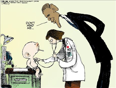 obama looking over doctor shoulder universal health care political cartoon