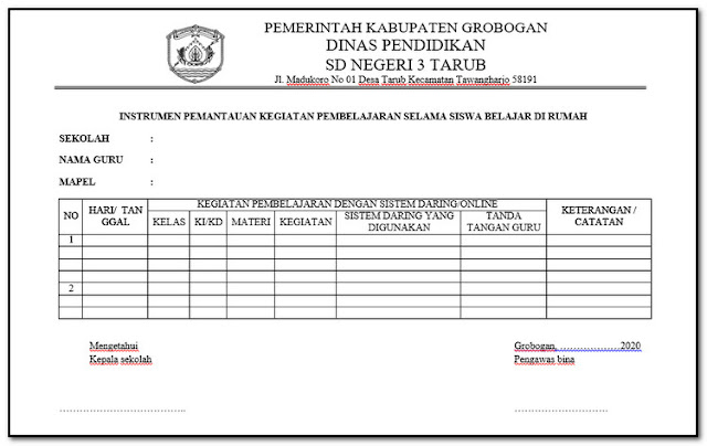 INSTRUMEN PEMANTAUAN KEGIATAN PEMBELAJARAN SELAMA SISWA BELAJAR DI RUMAH