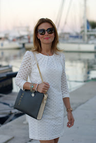 books bag, white lace dress, Mango sangallo dress, Fashion and Cookies