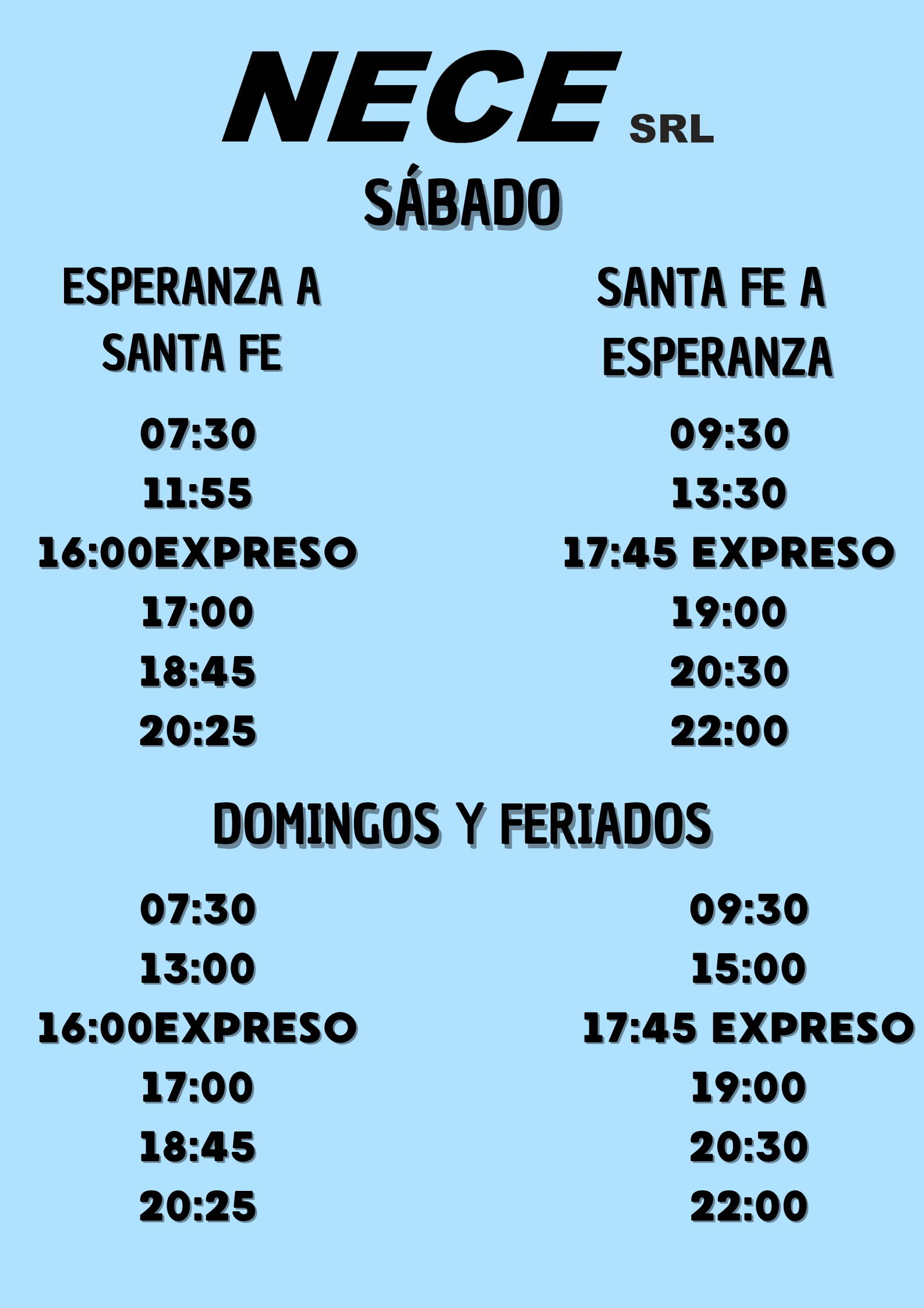 Horarios NECE Esperanza - Santa Fe Sabados y Domingos