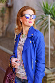 Morgan blue biker jacket, Sodini bijoux collana, See by Chloé blue ankle boots, Fashion and Cookies, fashion blogger