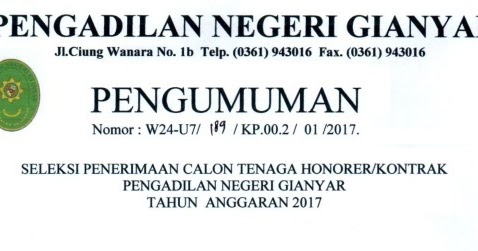 Lowongan Kerja Pengadilan Negeri Gianyar Tingkat SMA Tahun 