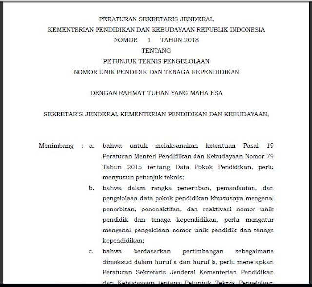 Peraturan SEKJEN MENDIKBUD Tentang JUKNIK Pengelolaan NUPTK