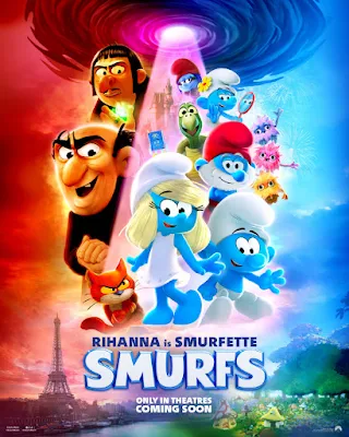 Smurfs (2025) animated movie poster featuring Smurfette (Rihanna) and the Smurfs in a colorful scene inspired by the classic comic book style.