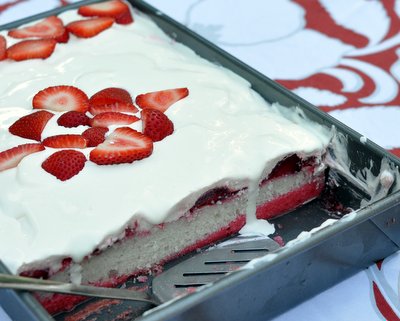 Canadian Flag Cake with Strawberries ♥ KitchenParade.com, use strawberries to decorate a cake with the Canadian flag.