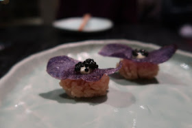 Hayes Valley's Robin serves unique nigiri, including this caviar atop a taro chip, rested above a bed of rice.