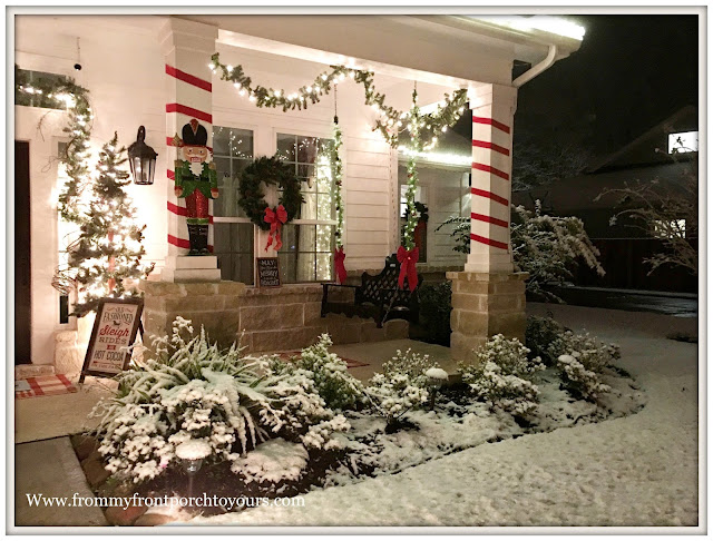 Christmas Front Porch Decorations-Porch Swing-Nutcracker-Christmas Tree-Christmas Lights-Snow-Farmhouse-Farmhouse Porch-From My Front Porch To Yours
