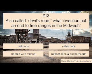 Also called “devil’s rope,” what invention put an end to free ranges in the Midwest? Answer choices include: railroads, cable cars, barbed wire fences, rattlesnakes & copperheads