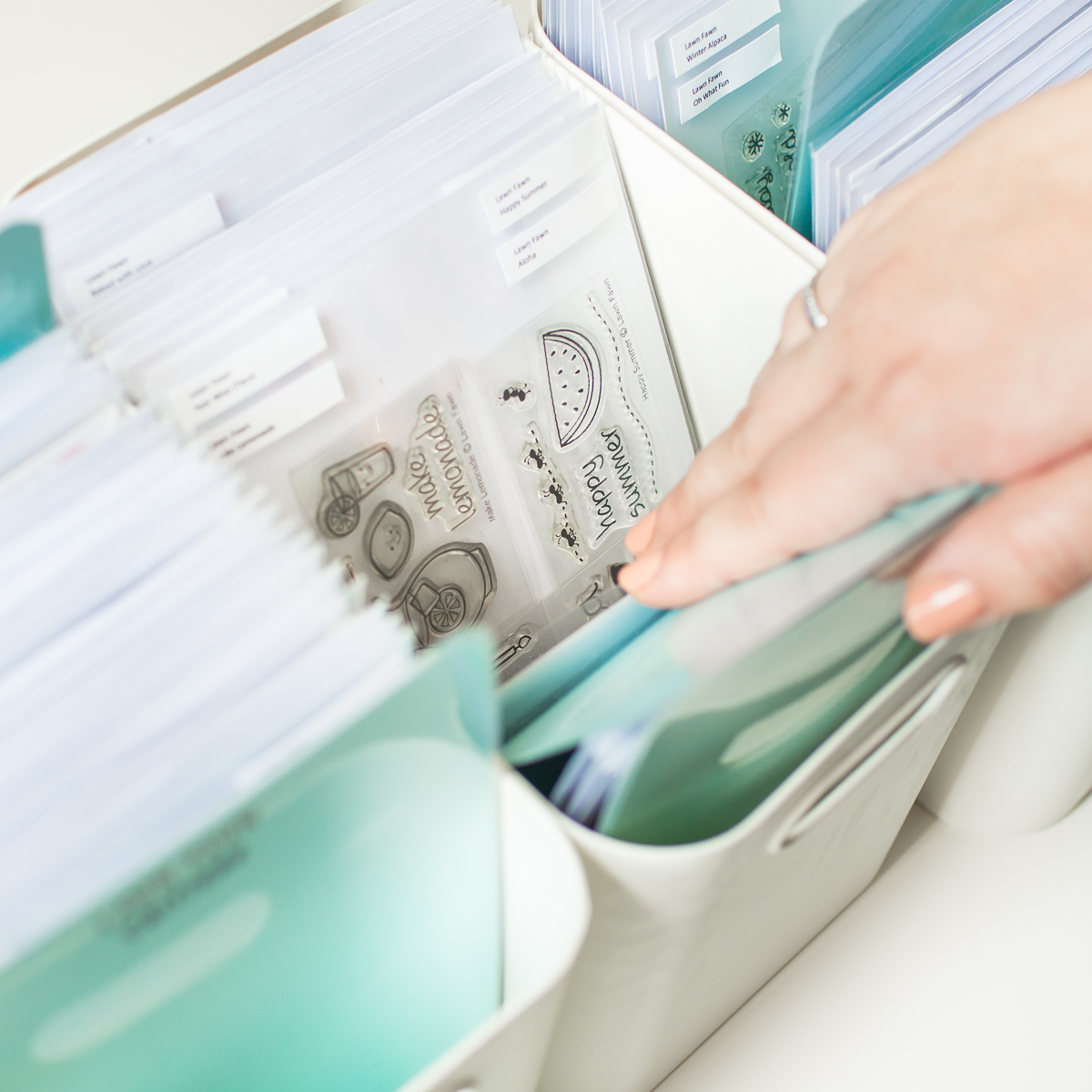Organizing clear stamp sets by theme in labeled avery elle storage pocket sleeves.