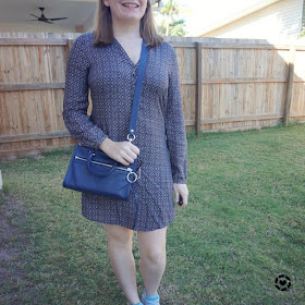 awayfromtheblue Instagram | jeanswest geometric print shift dress with navy Rebecca Minkoff micro bedford bag crossbody