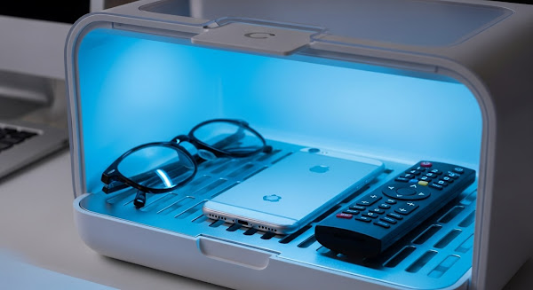 모던한 멸균기 안에 깨끗하게 살균되고 있는 안경, 스마트폰, TV 리모컨의 클로즈업 이미지.