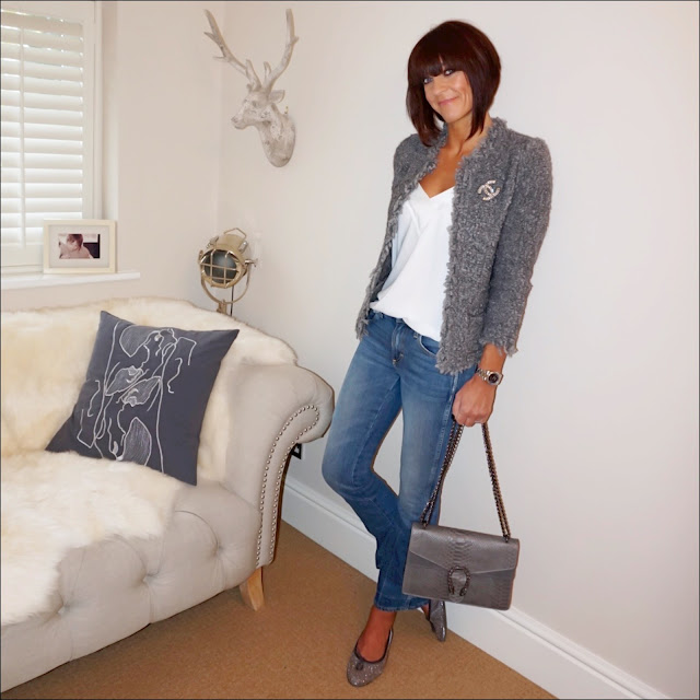 my midlife fashion, iro knitted jacket, vintage chanel brooch, mango strapy flowy cami, j crew iro jane jeans, glittery ballet pumps, snake skin leather bag 