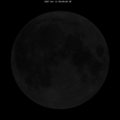 A continuous, looping GIF of the Moon's Libration (i.e. phasing in and out of darkness). At the top is a scrolling set of dates from October 12, 2007 through the 28 days of the phases.