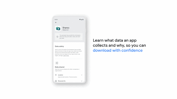 Google Play 앱의 데이터 보안 섹션과 함께 '앱이 수집하는 데이터와 그 이유를 알아보세요. 안심하고 다운로드할 수 있습니다'라는 텍스트가 표시된 Android 휴대전화입니다.