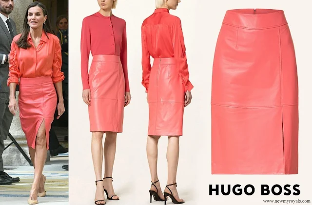 Queen Letizia wore Hugo Boss Setora Leather Skirt
