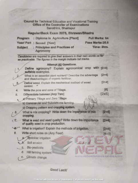 [CTEVT] 2nd Year Principles and Practices of Agronomy | Question Papers | Diploma in Agriculture(Animal/Plant Science)