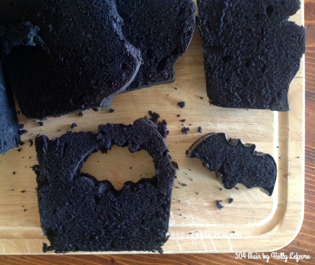 Cut bats out of the cooled black pound cake