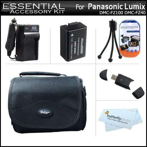 Essential Accessory Kit For Panasonic Lumix DMC-FZ60 DMC-FZ60K DMC-FZ100 DMC-FZ40 DMC-FZ47 DMC-FZ150 Digital Camera Includes Extended (1200Mah) Replacement DMW-BMB9 Battery (With Info Chip!) + Ac/ Dc Charger + Case + USB Reader + Screen Protectors + More