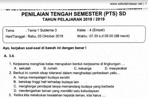 Soal Ulangan PTS Kelas 4 Tema 1 Subtema 3 - SekolahDasar.Net